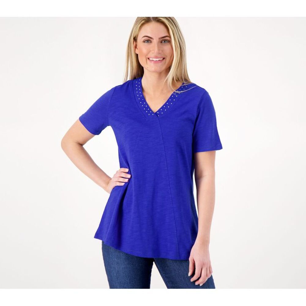 Top Knot Women's Sz M Rhinestuds Embellished Short Sleeve Swing Blue A596315